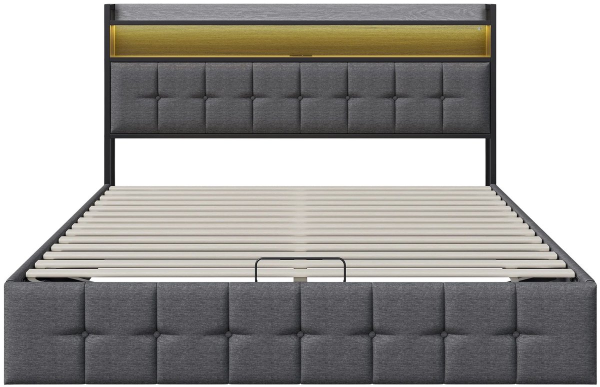 Happiq Gestoffeerd Tweepersoonsbed 140 x 200 Cm - Modern Bed met LED - Aansluitingen - Verlichting, USB grijs