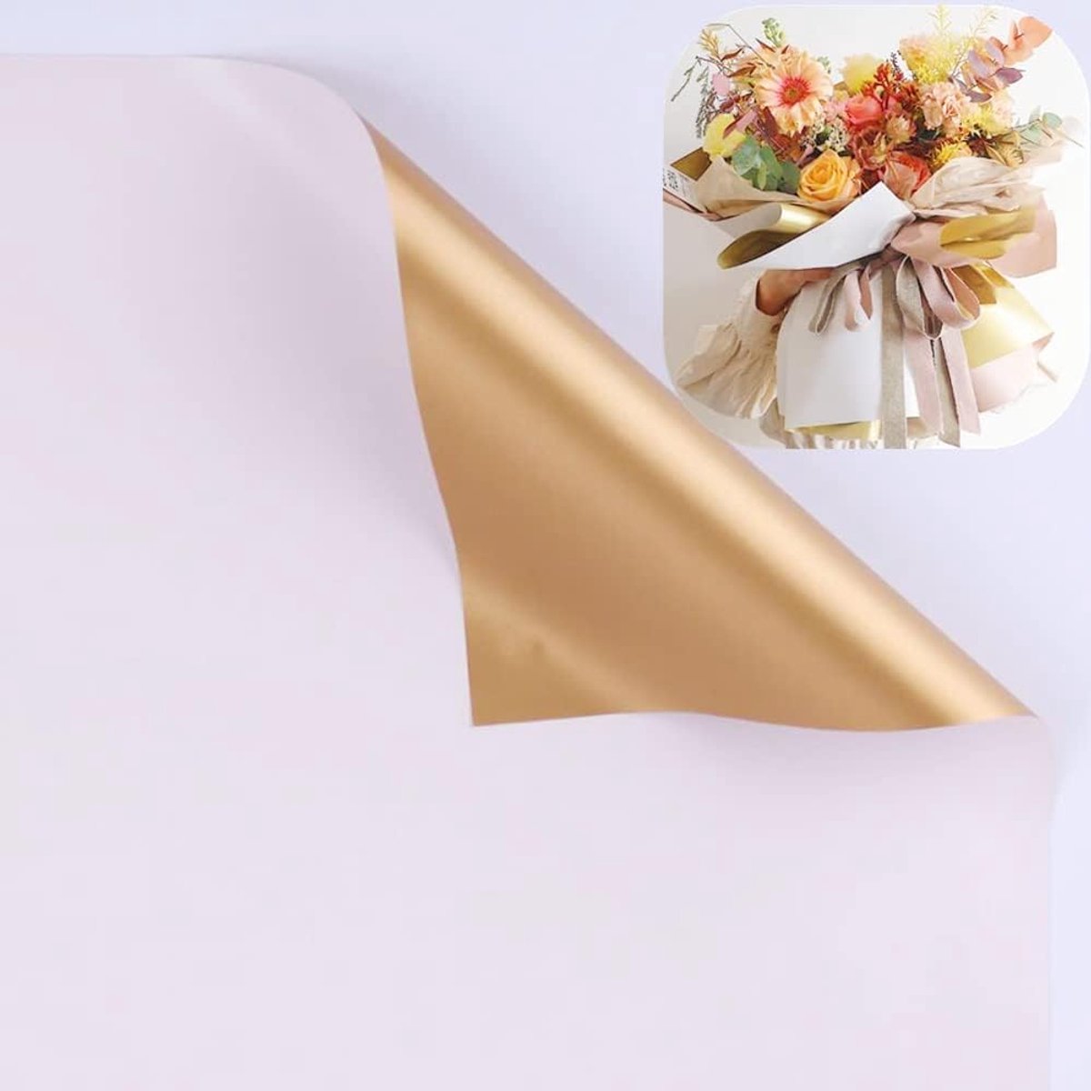 SnelShoppen - 20 Vellen Dubbelzijdig Goud Bloemen Inpakpapier, Waterdicht Bloemengift Inpakpapier, DIY Creatieve Knutsel 50x50cm (Wit)