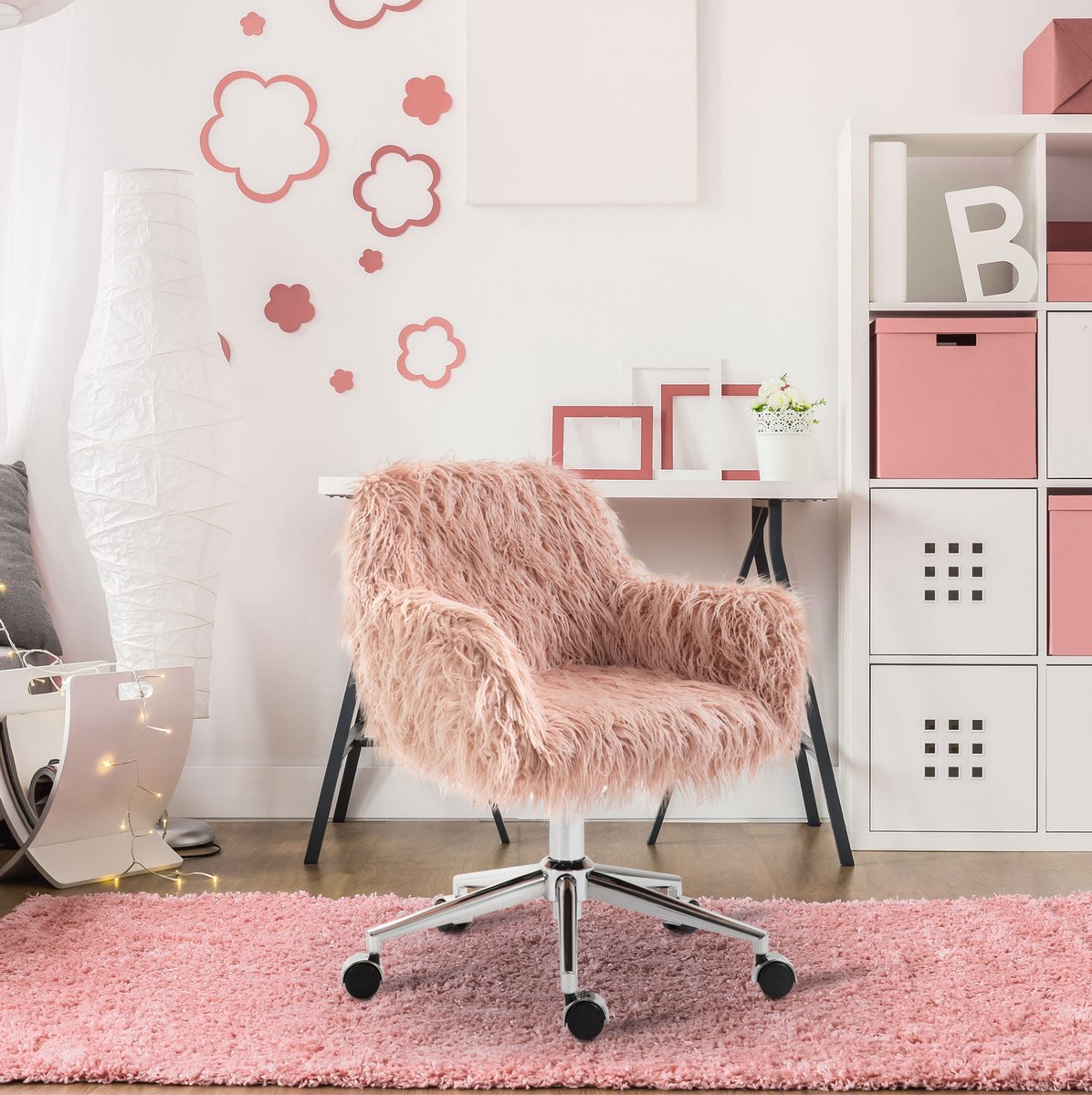 COVREO Bureaustoel 57x60x85 cm roze, kunstfell met armleuningen