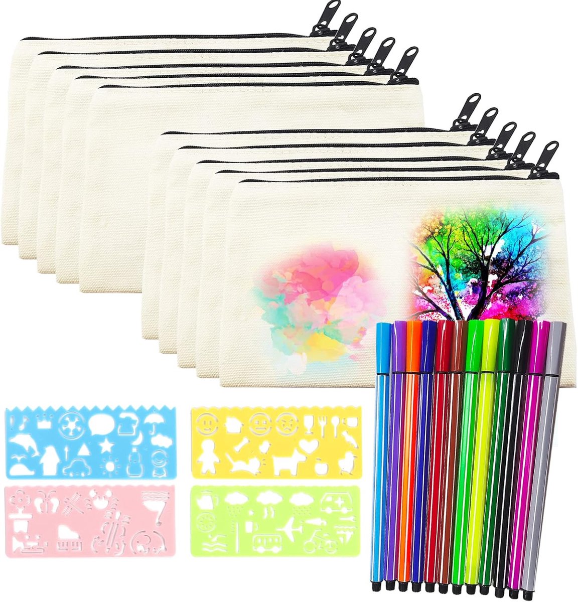 Thijox - 10 Stuks Canvas Etui om te Beschilderen - Doe-Het-Zelf Blanco Stoffen Zakjes met Ritssluiting - Inclusief 12 Gekleurde Pennen en 4 Sjablonen