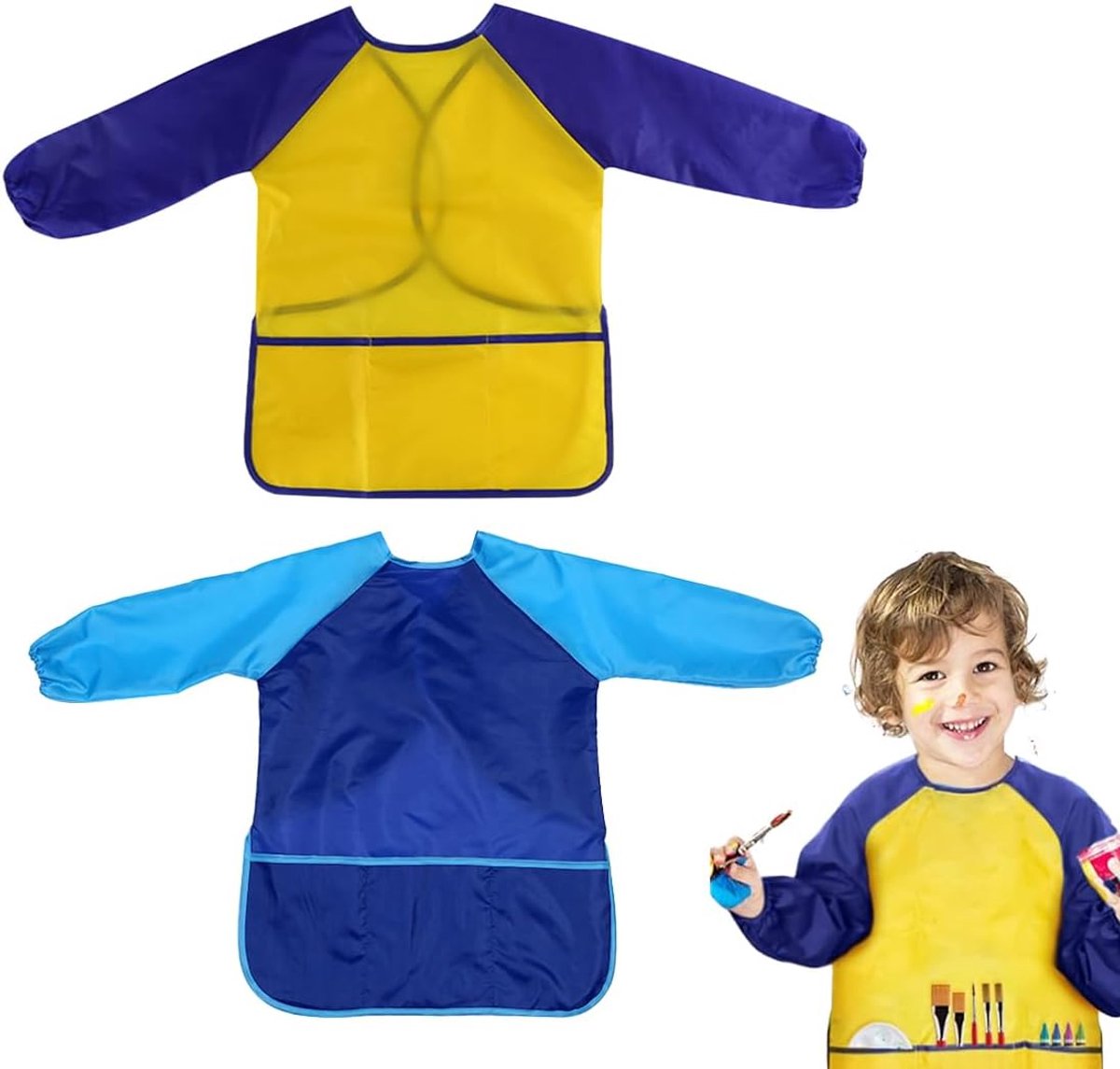 SnelShoppen - 2 x Kinderschort voor Schilderen met Lange Mouwen - Beschermende Schorten voor Kinderen 5 tot 8 Jaar - Polyester met 3 Vakken - Blauw en