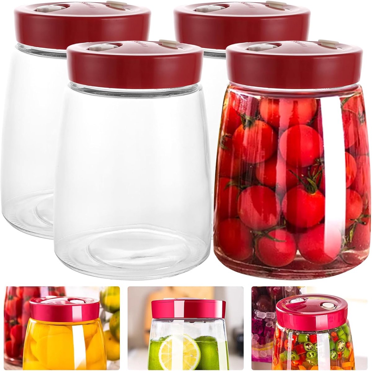 Fermenting Glass Pack of 4 1.4L Fermentation Glass with Vent Valve Transparent Kimchi Container for Kefir, Sauerkraut - ShopVlot