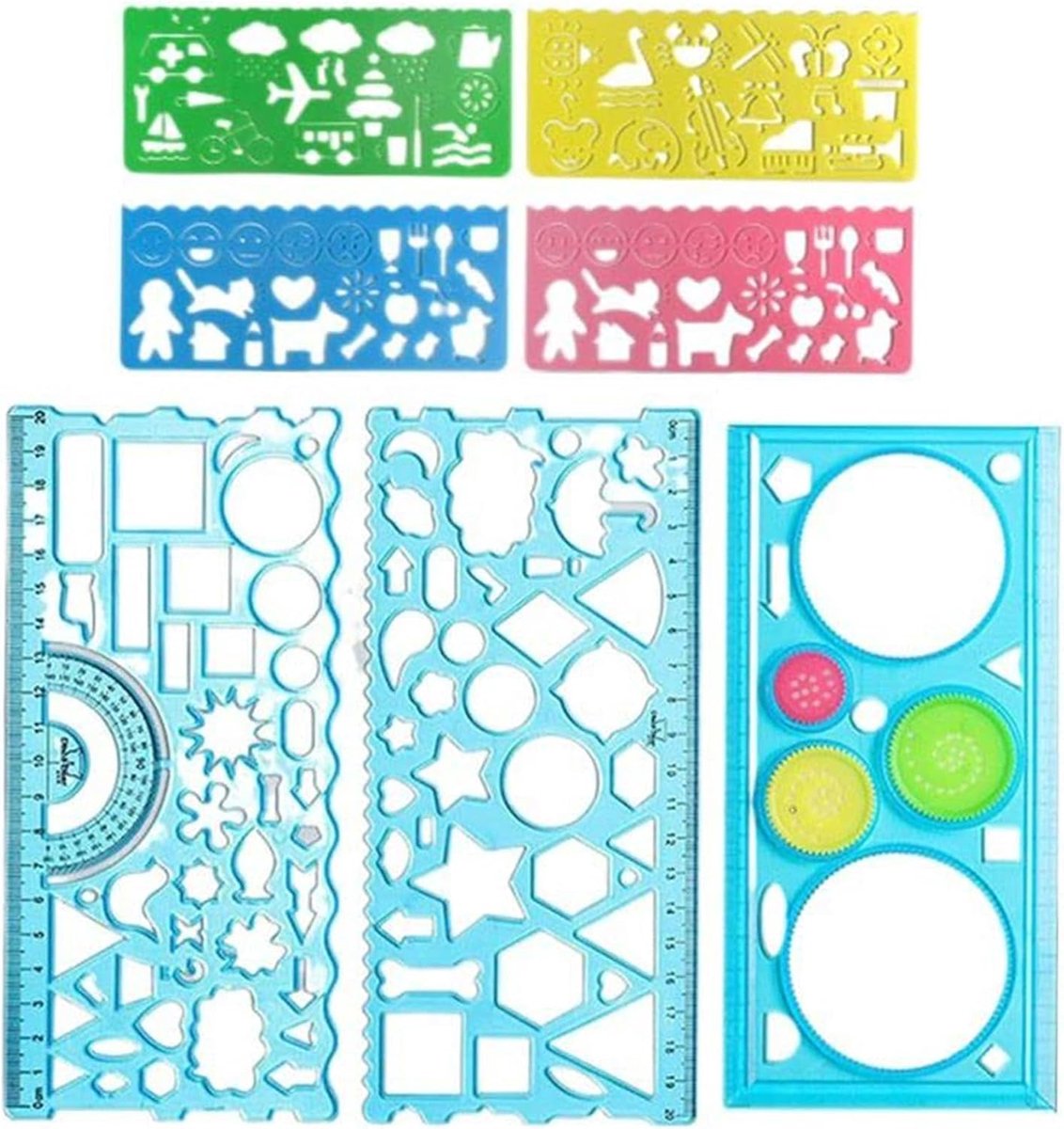 SnelShoppen - 7-delige Geometrische Linialen en Cirkel Sjablonen voor Teken- en Schilderwerk, Kunststof Meetinstrument voor Kinderen (Blauw)