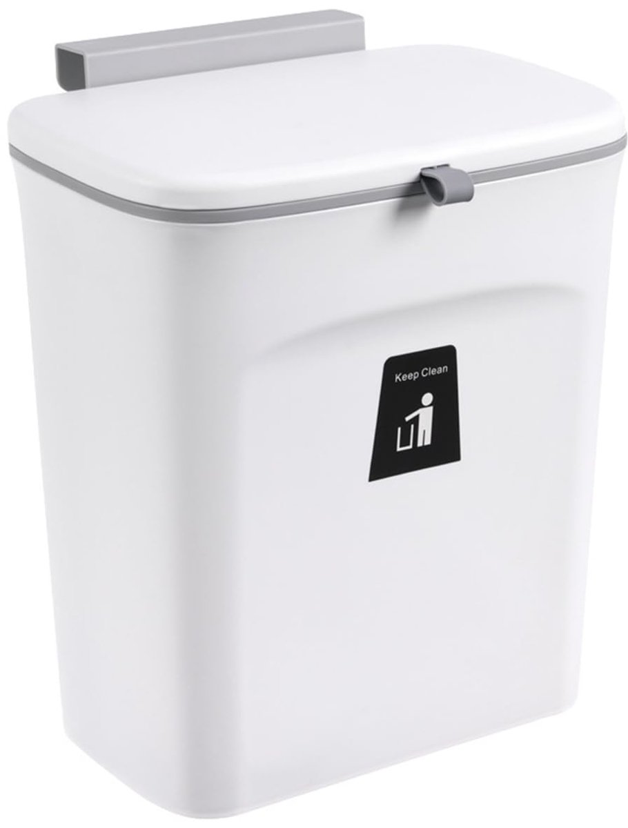 SnelShoppen - 9L Afvalbak voor Ophangen, Keuken met Levenslange Deksel, Hangende Compostbak voor Kast/Keuken, Wit, Compact Ontwerp voor Kantoor/Badkam