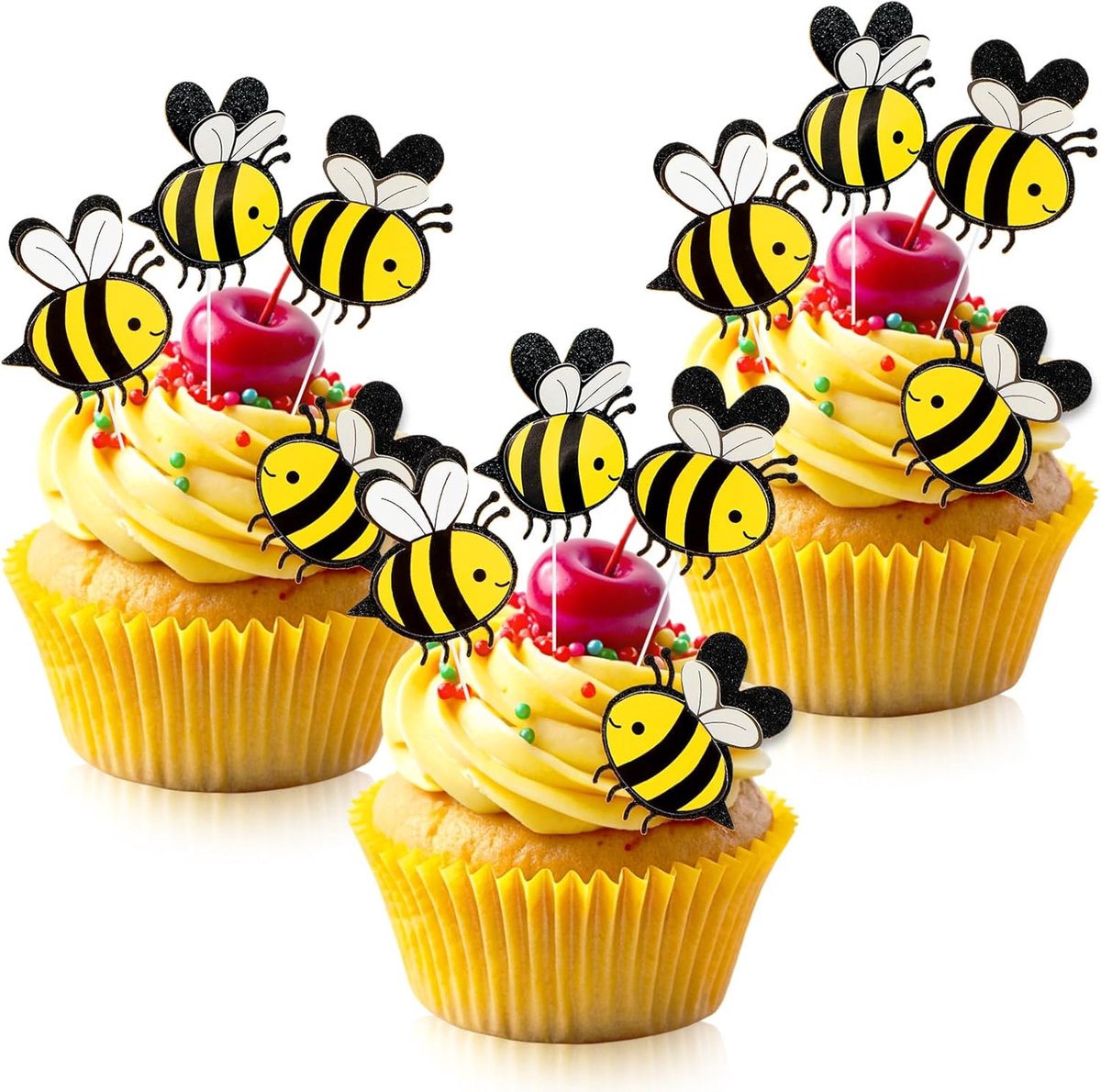 SnelShoppen - 30 Stuks Bij Cake Toppers, Dubbel Laags Bij Cake Decoraties, Bumblebee Figuren Cupcake Picks voor Bij Thema Feest, Bruiloften, Verjaarda