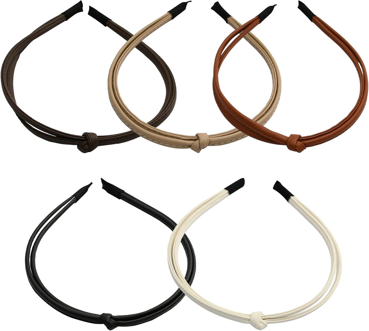 SnelShoppen - Vrouwen Dunne Haarbanden Set van 5 Stijlvolle Leren Haaraccessoires met Knoop voor Dames in Wit, Zwart, Karamel, Koffiebruin en Donkerbr