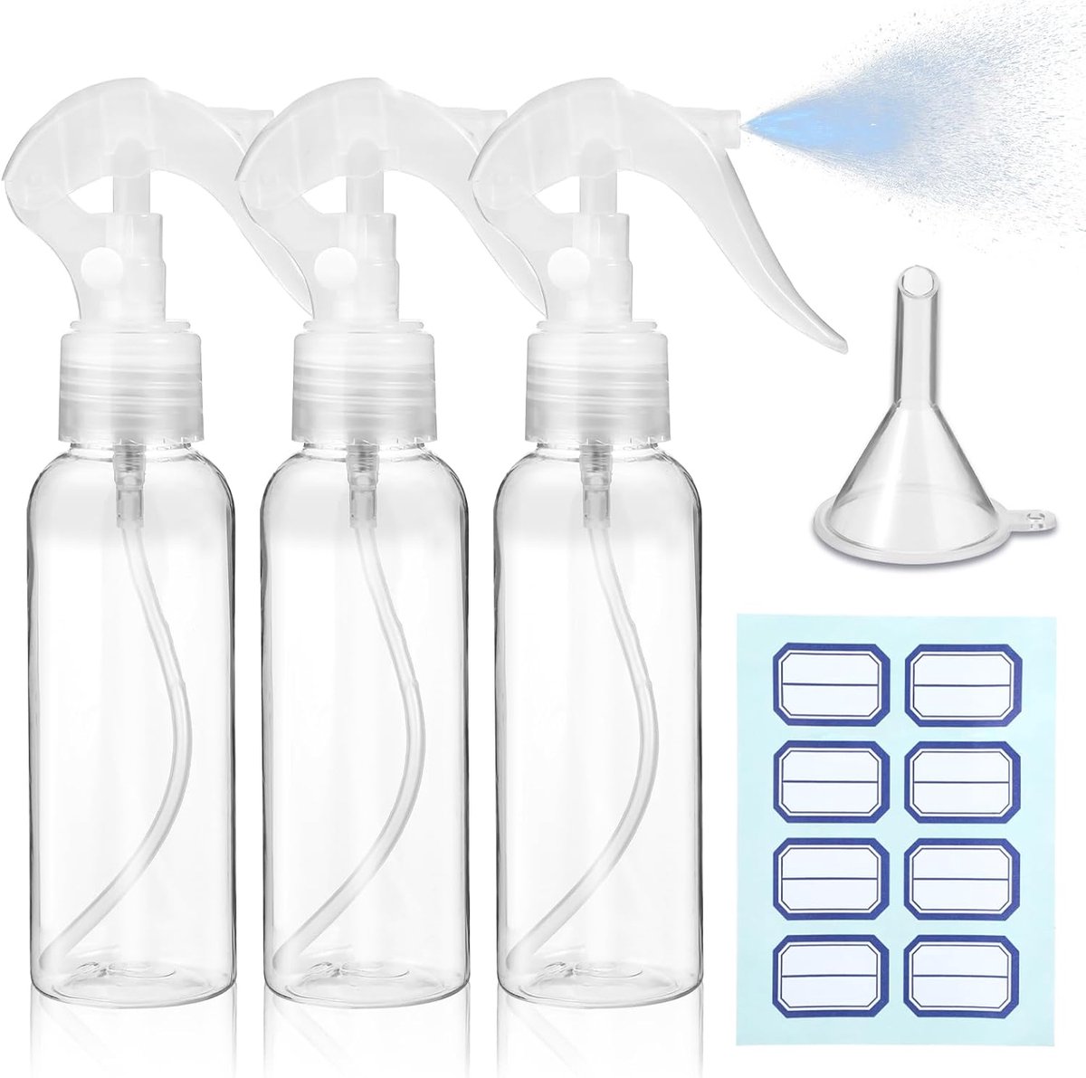 SnelShoppen - 3 Stuks Sprayfles, 100ml Mini Sprayflessen voor Vullen, Transparante Lege Fijne Mist Sprayflessen met Labels en Trechters voor Reizen, C