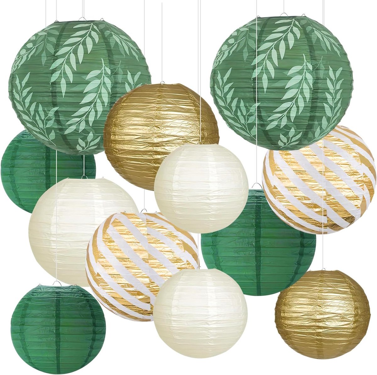 SnelShoppen - Paper Lantern Set 12 Stuks Ronde Hanglampen | Sage Kleurige Decoraties voor Feesten, Bruiloften, Babyshowers, Tuinfeesten