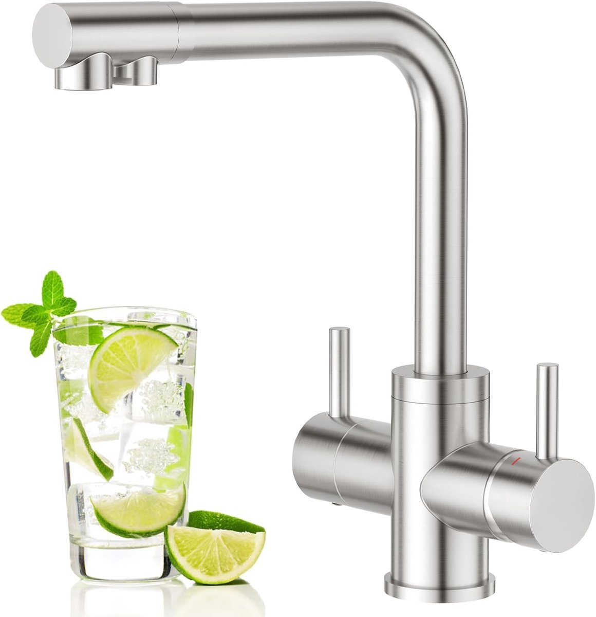 SnelShoppen - 4-Weg Keuken Kraan met Dubbele Hendel, RVS, Waterfilter, Soda Water en Osmose, Brushed Afwerking voor Keuken, Koud en Warm Water