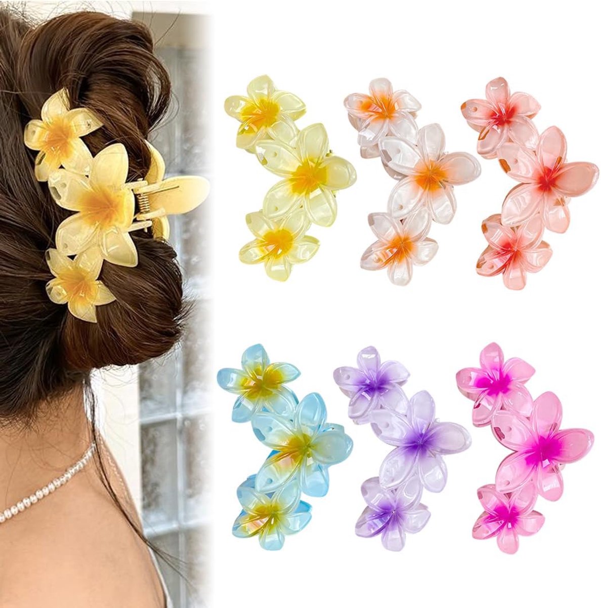SnelShoppen - 6 Stuks Bloem Haarclips Kleurige Acryl Haarspelden Non-Slip Haarclips voor Vrouwen Geschikt voor Dikke Haar Hawaii Haaraccessoires