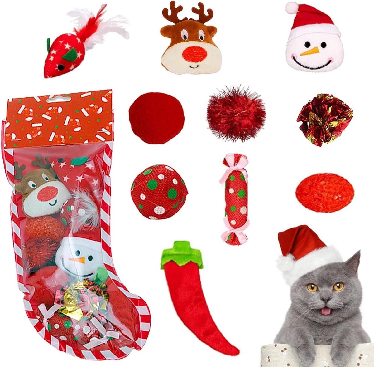 Katten Speelgoed Set - Dieren Accessoires - Spelen en Trainen - Feestelijke Kerst Thema - 10 Delig - Rood