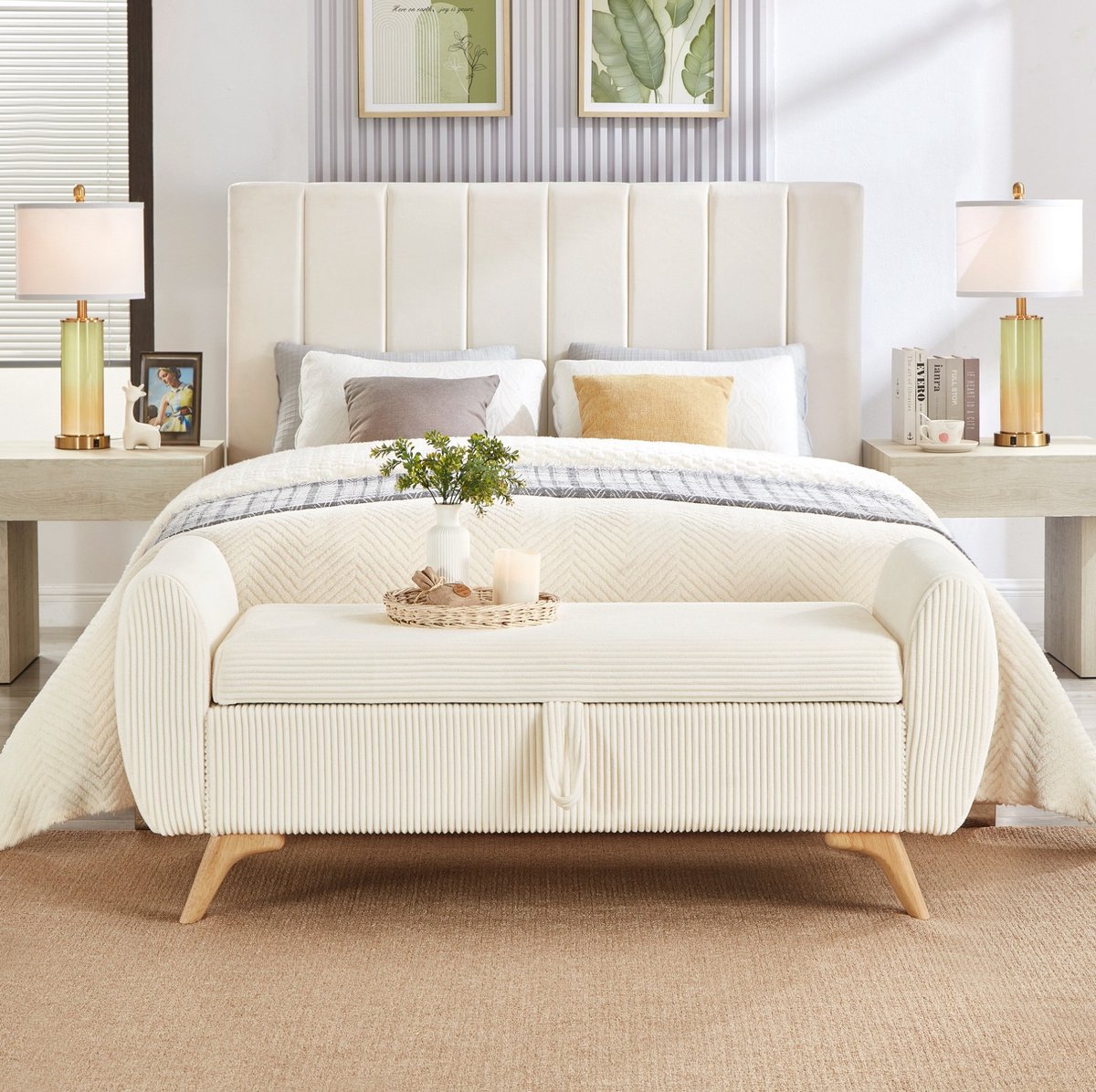 MIVRAY Opbergbank 145 cm - Klapbaar Met Opbergruimte En Houtpoten - Voor Slaapkamer, Woonkamer En Hal - Corduroy Beige