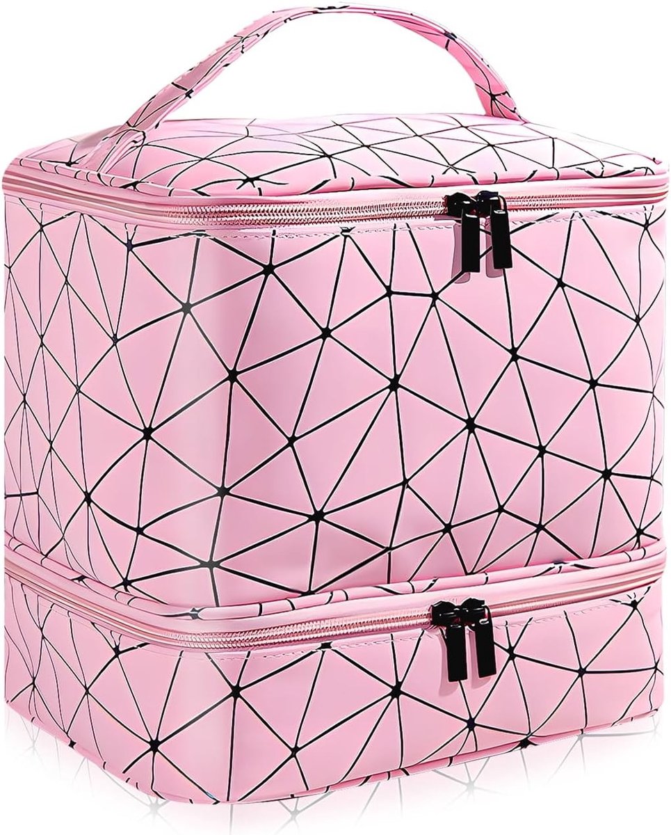 Nail Polish Opbergdoos, Waterdichte Organizer met 2 Niveaus en UV Lamp Compartiment, Geschikt voor 30 Flessen, Ideaal voor Nagelontwerp en Professionele Cosmeticaopslag (Roze)