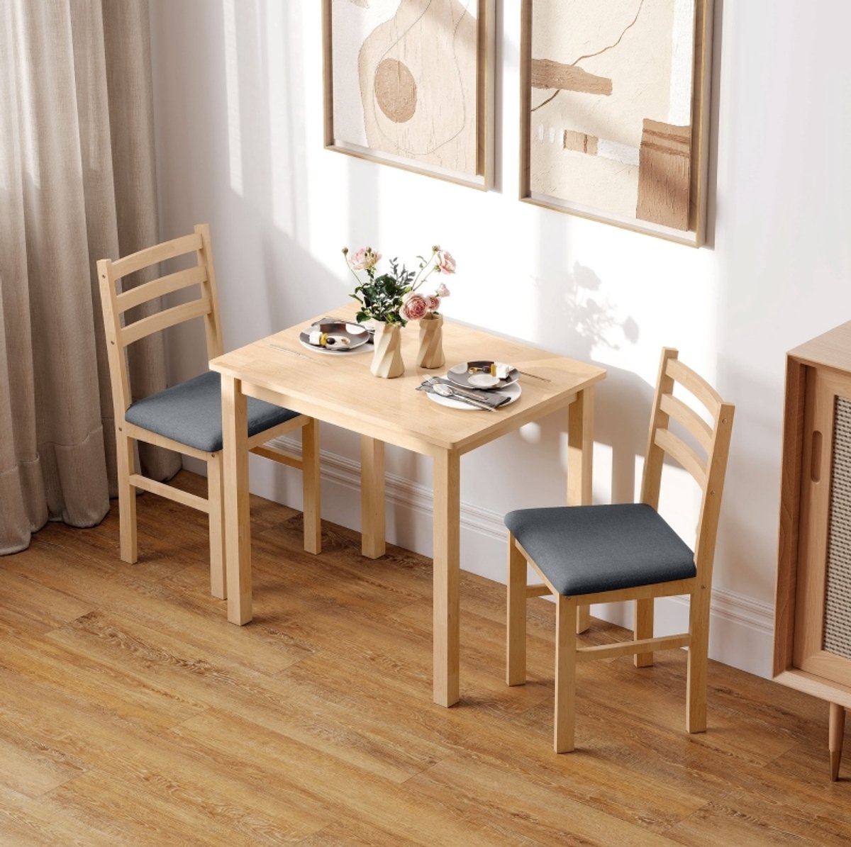 COVREO Eettafelset 80 x 60 x 74,5 cm naturel hout, 2 stoelen, ruimtebesparend