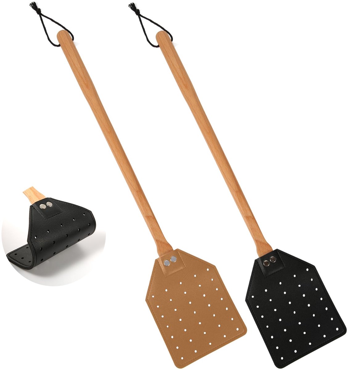 SnelShoppen - 2st Leren Vliegenmepper 49,5cm - Zware Vliegenvanger met Houten Handvat - Voor Binnen en Buiten - Zwart en Bruin