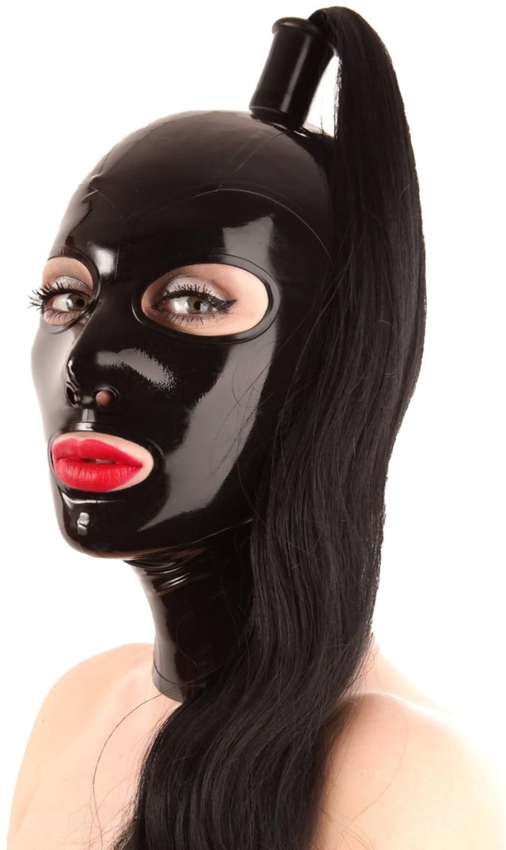 Omgoods - Zwart Latex Masker met Haaropeningen en Achterrits