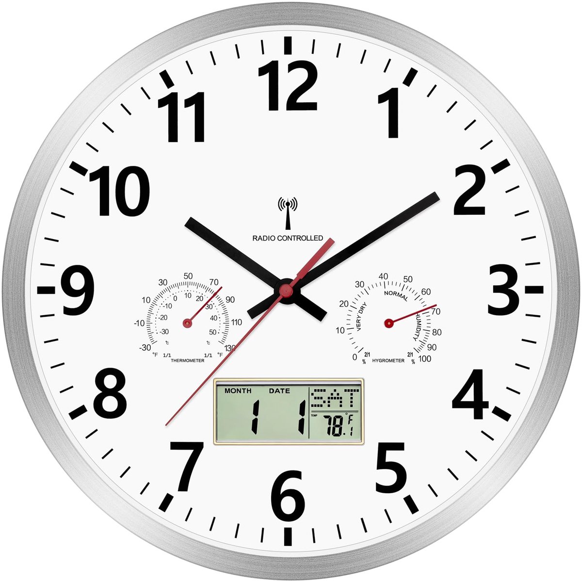 Omgoods- Wandklok Radio Digitaal 30 cm - Geruisloos - Automatische Tijdaanpassing - Temperatuur - Datum/Dag van de Week - Hybride Wijzerplaat - Klok