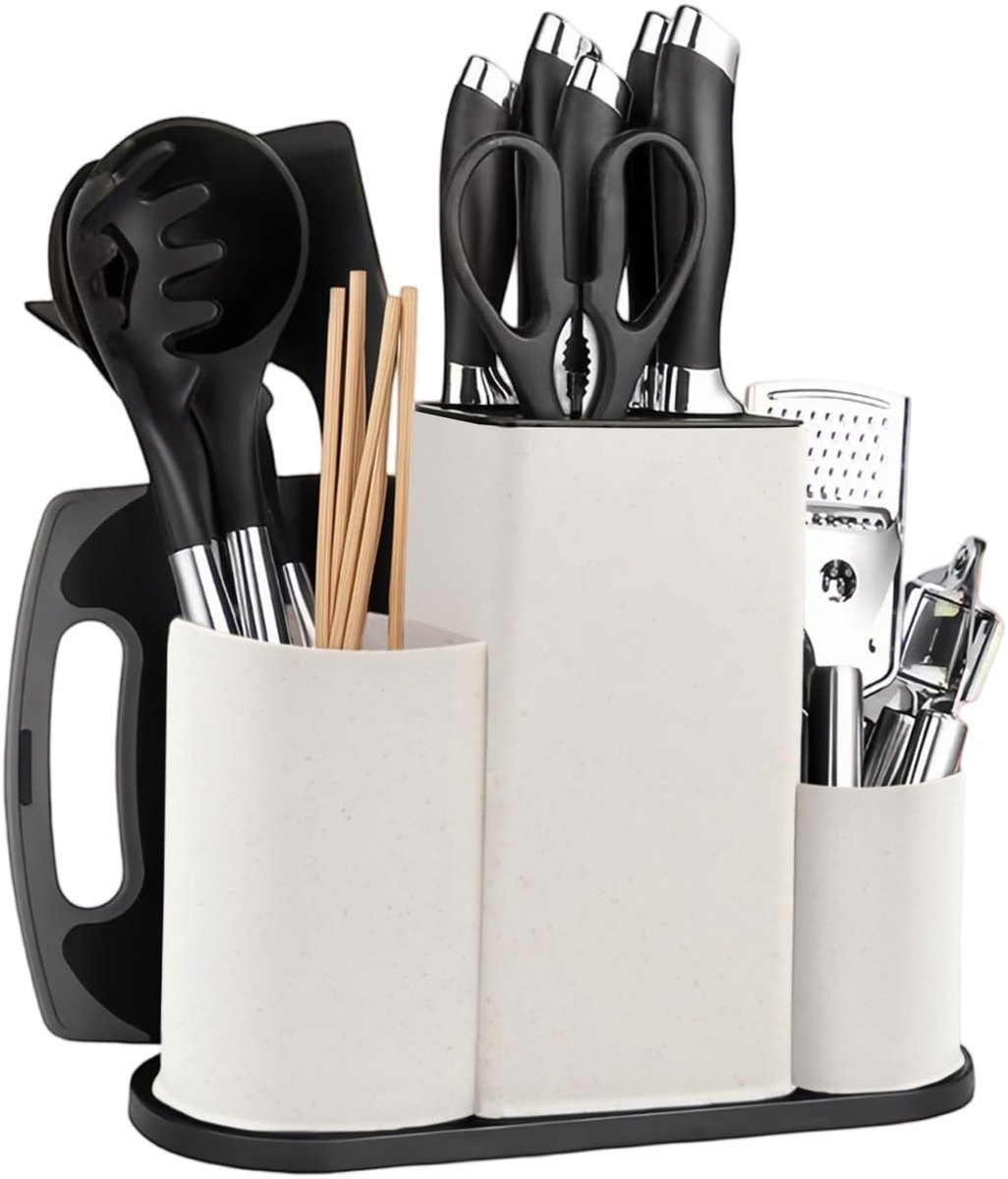Omgoods - 4-in-1 Universeel Keukenmessenblok - Vierkant Messenblok met Ruimte voor Divers Keukengerei (Wit)