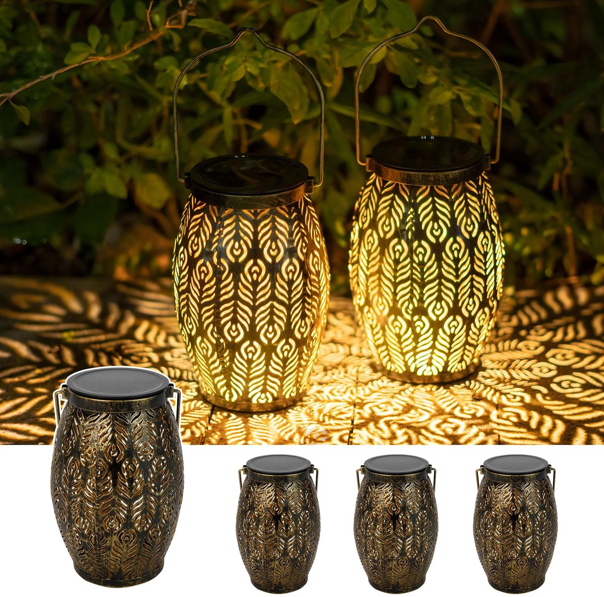 Omgoods - Set van 4 Vintage Solar LED Tuinlantaarns met IP65 Waterdichtheid