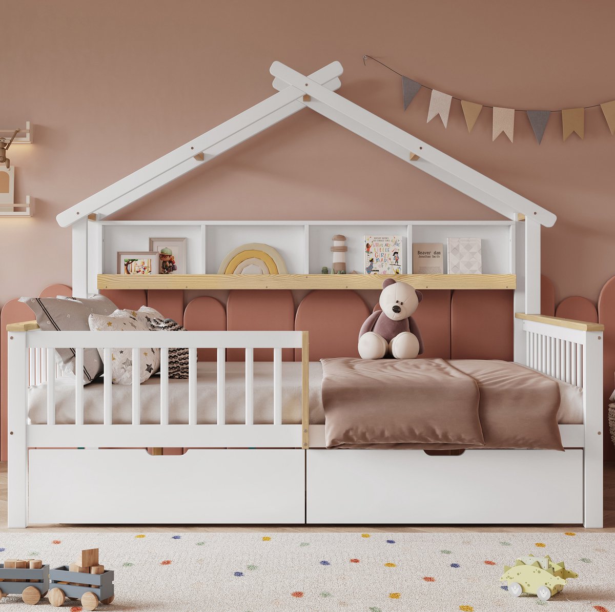 COVREO Kinderbed met valbeveiliging en lades – 140x200 cm – Huisbed van Kiefer en MDF – kinderkamer – Wit/Naturel - zonder matras