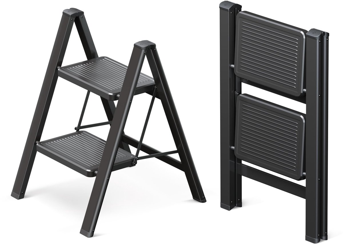 Omgoods - Vouwladder met 2 Treden en Brede Antislip Treden