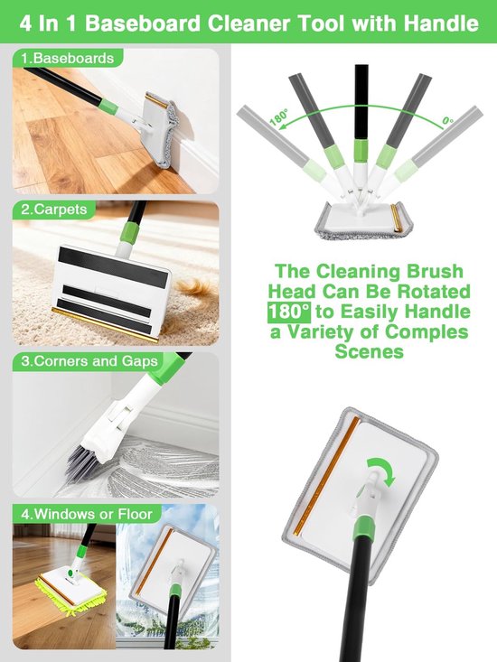 4-in-1 plintenreinigingsgereedschap met dweil, 5 herbruikbare pads, 1 harde borstel en tapijthark, tapijt, ramen, muren, vloeren, badkamers en keuken, bezem, plafond — afbeelding 5