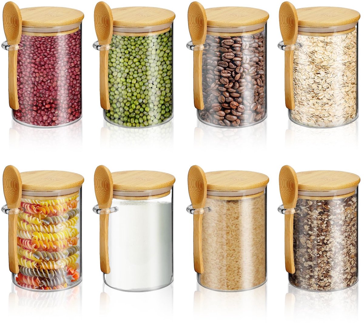 Omgoods - Set van 8 Glazen Potten met Luchtdichte Deksel en Lepel