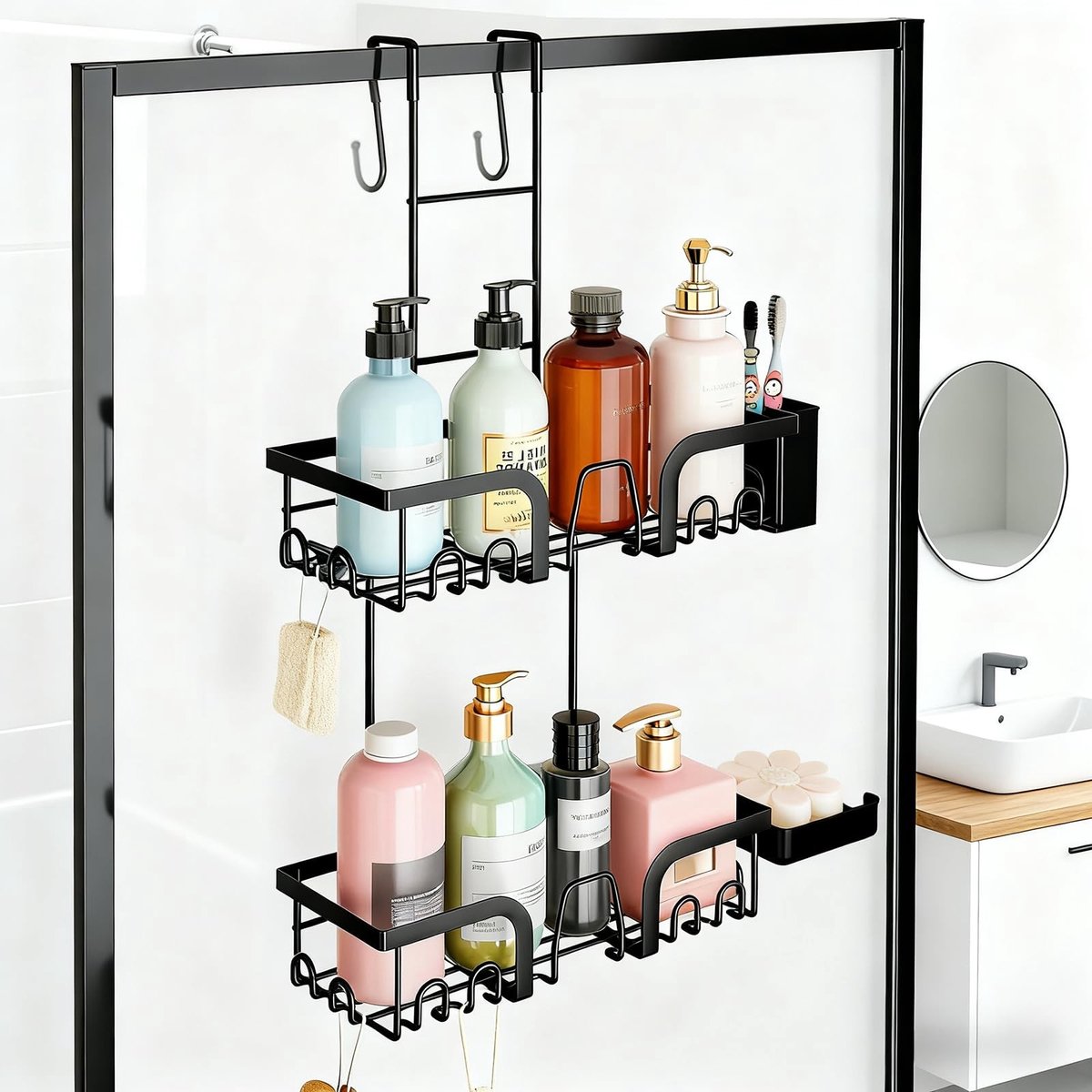 Omgoods - Zwarte Douche Plank met 2 Mandjes voor Badkamer, Zonder Boren