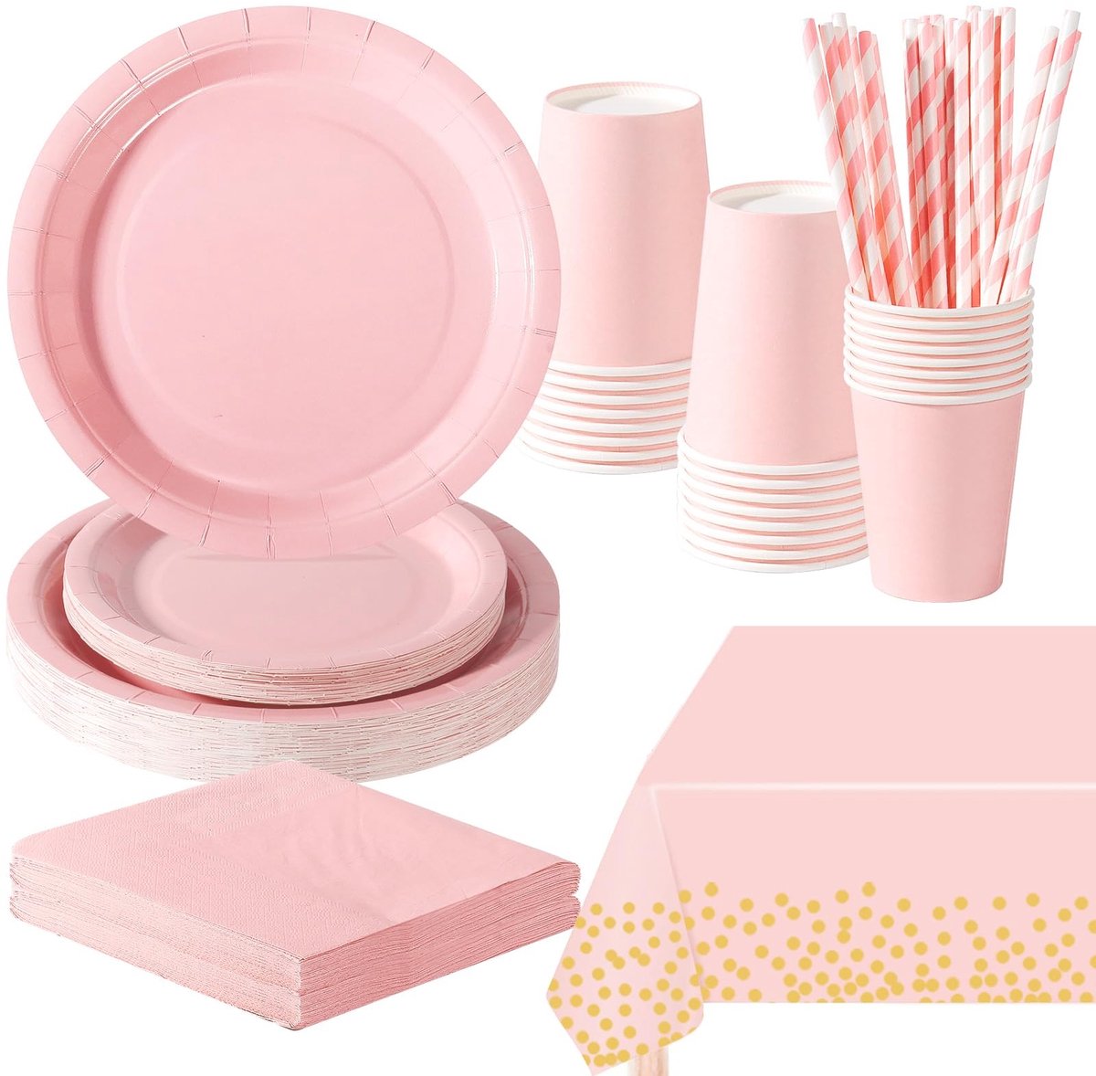 Omgoods - 121-delige Morandi Roze Feest Servies Set - Papieren Borden, Bekers en Tafellaken voor Feesten