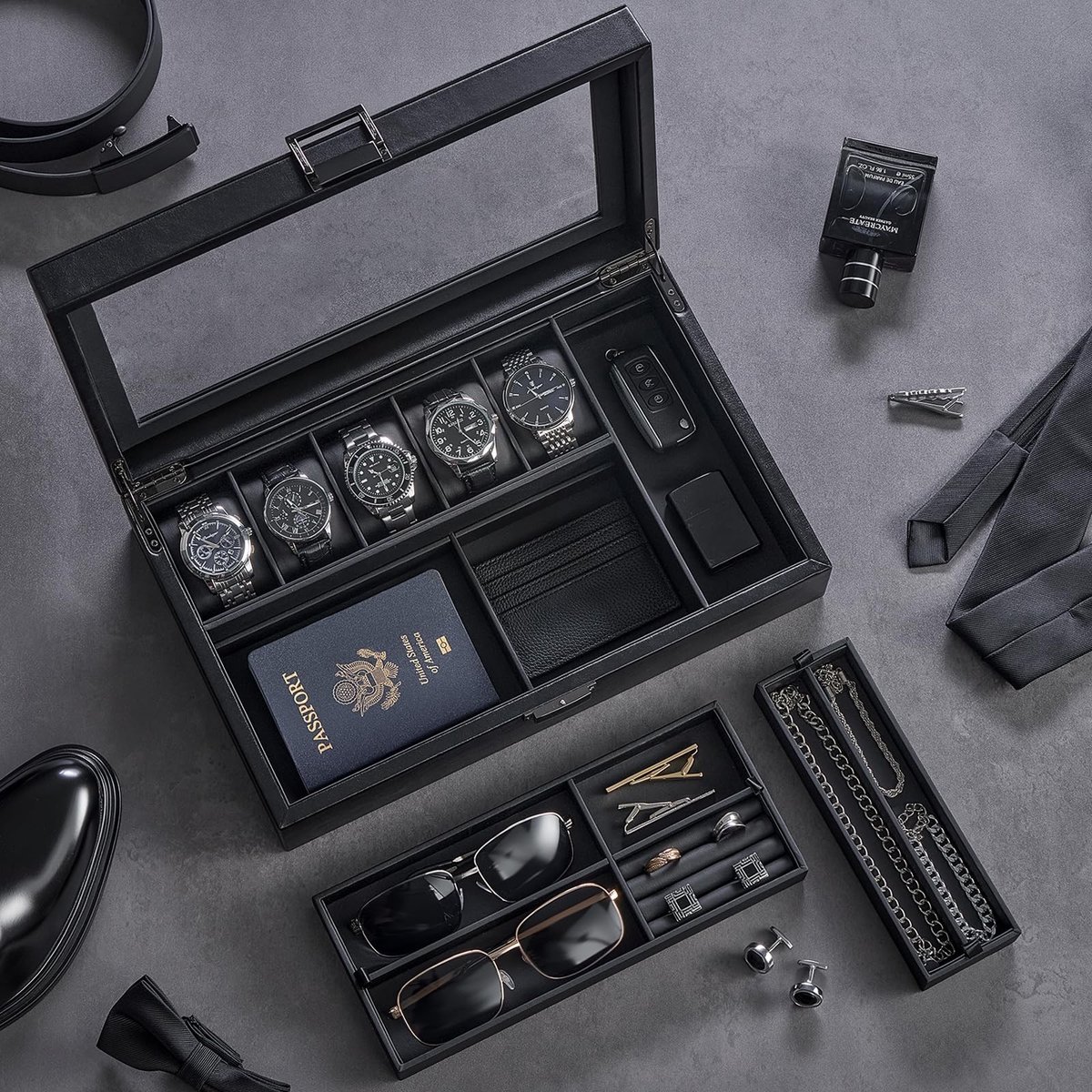 Omgoods - Horloge- en Sieradenbox met 5 Compartimenten, Zwart