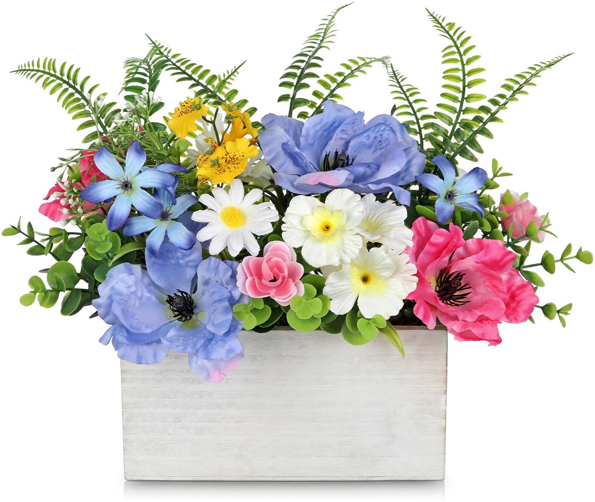 Omgoods - Kunstbloemen in Houten Pot - 19 cm Faux Bloemstuk met Blauwe Klaproos