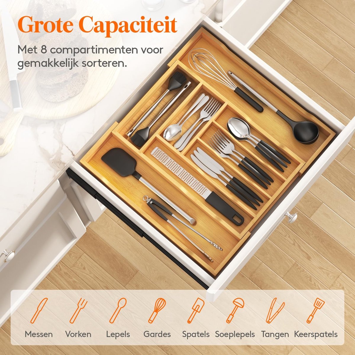 Omgoods - Uitschuifbare Bamboo Bestek Organizer voor Keukenlades