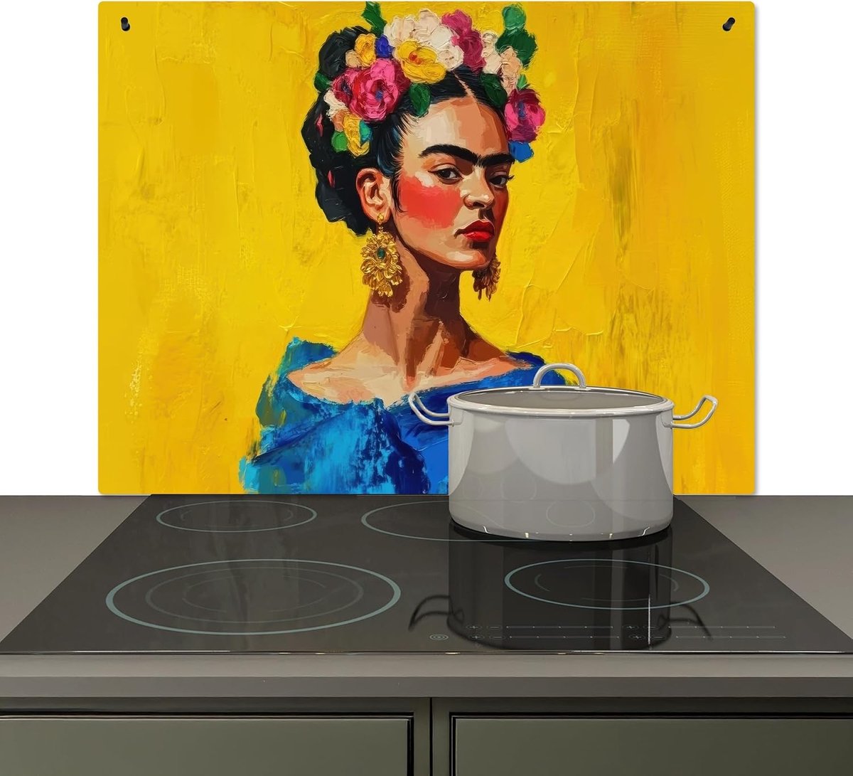 Spatscherm Keuken 51.5x76 cm Kookplaat Achterwand Beschermer Muur Spatwand Fornuis Aluminium Hittebestendig - Frida Kahlo - Vrouw - Geel - Blauw - Bloemen