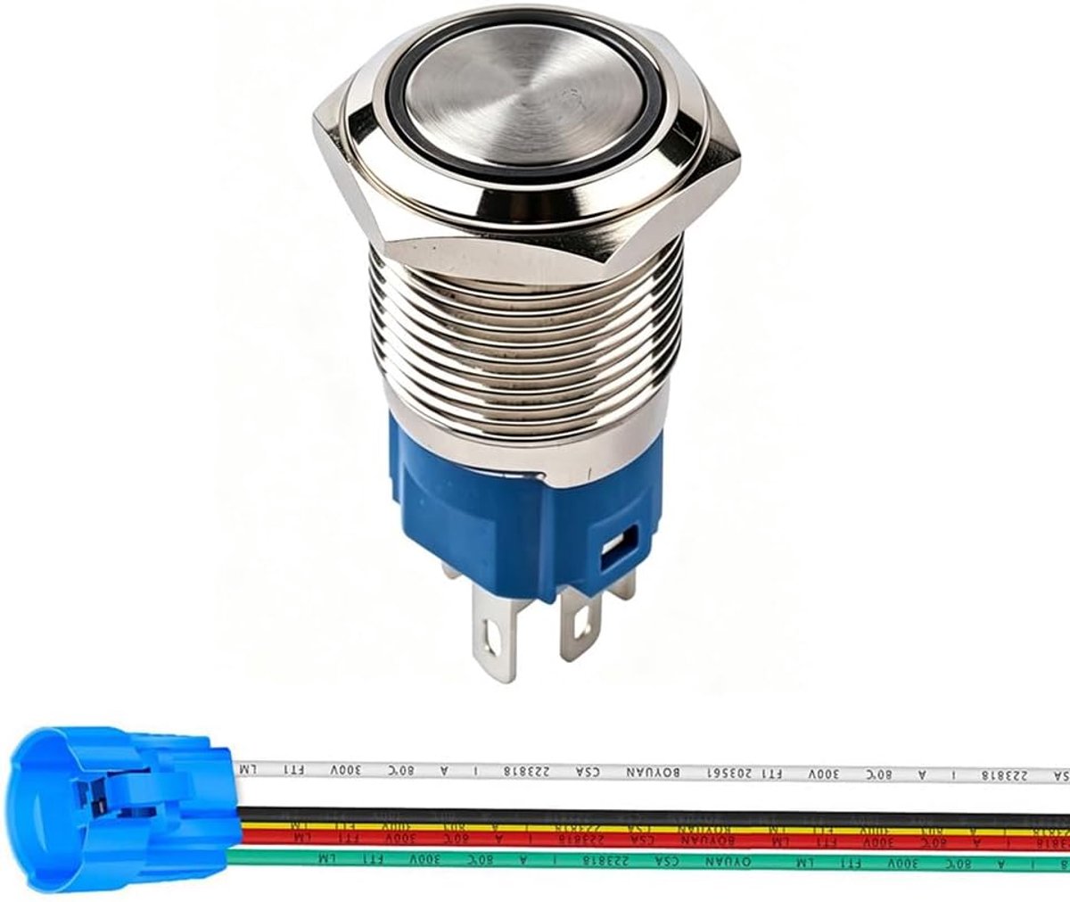 0.63 inch/16mm Roestvrijstalen Kortstondige Drukknop 12V-24V 5A LED 1NO1NC SPDT AAN-UIT Waterdichte Drukknop met Draadstekker(Oranje LED)