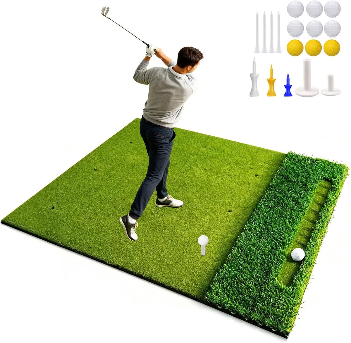 150 x 120 cm Golf afslagmat, met 40 mm rough & 16 mm fairway gras, 10 mm EVA-vulling, dubbele tee- & chipping-zone, inclusief 9 ballen & tees, extra dikke premium golf oefenmat van Tasofac