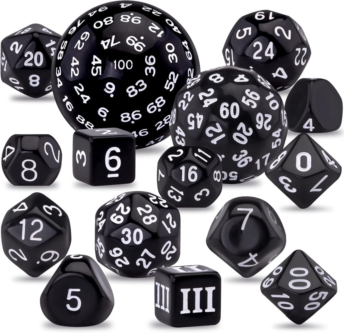 15 stuks complete polyhedrale dobbelstenen set D3-D100 game dobbelstenen set met een lederen opbergtas met trekkoord voor rollenspeltafelspelen, zwart-wit