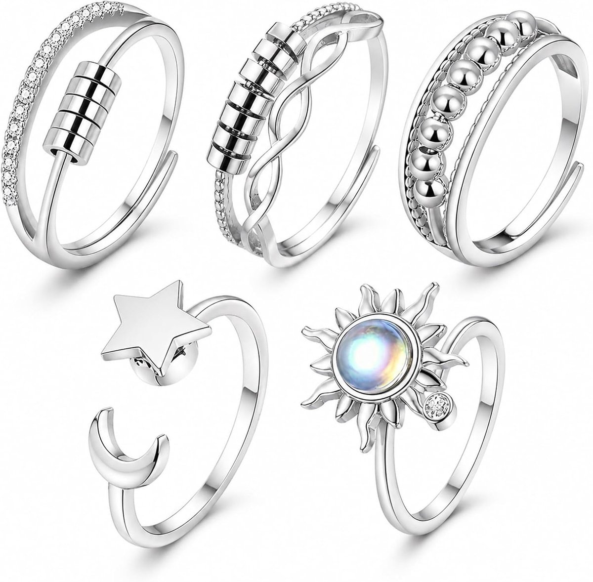 Ring Set 5 Stuks, Verstelbare Anxiety Ring voor Dames en Heren Zilveren Anti Stress Draairingen met Ster Maan Zon Kralen Spinning Ringen Cadeau