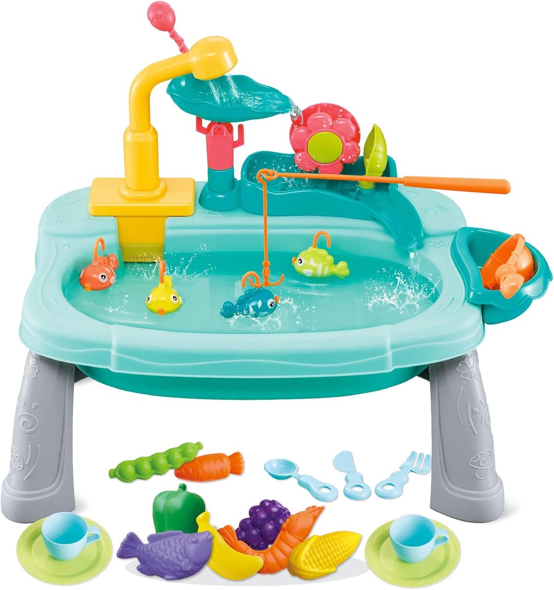 miido Kinderwastafel en speelkeuken met automatisch watercirculatiesysteem, draaibare kraan, rollenspelspeelgoed voor jongens en meisjes vanaf 3 jaar (grasgroen)