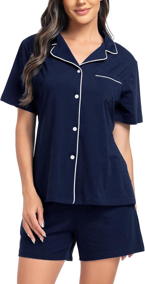 Katoenen Korte Pyjama Set voor Dames met Knopen en Zakken
