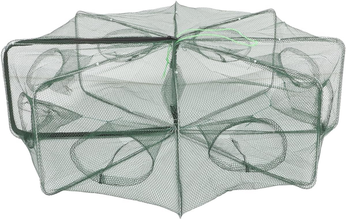 Gevouwen visnet, opvouwbare lokaasvisfuik met voederzak en ritsopeningen, draagbaar, automatische fuik voor vis, paling, garnalen, krabben, crevetten (8 ingangen)