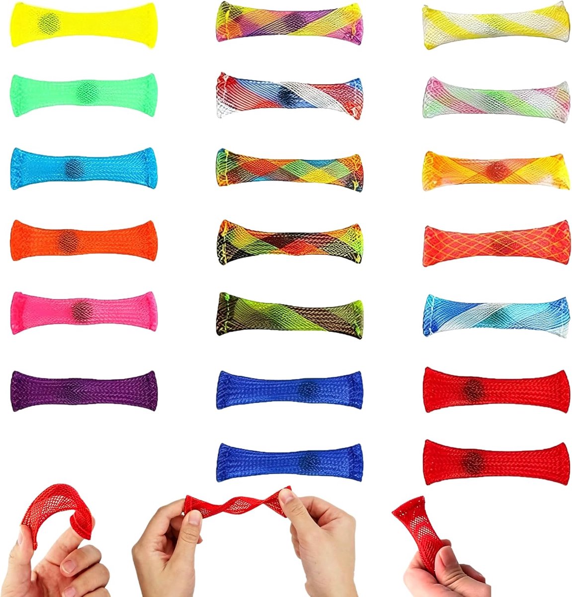 Set van 20 buizen van mesh antistress voor volwassenen met bal, speelgoed fidget kleuren voor kantoor, reis en training vingers, verbetert concentratie en verlicht spanning