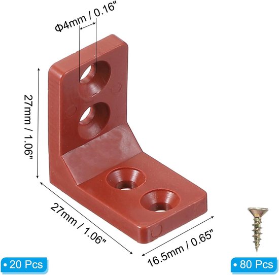 Kunststof hoekhoek 27x27x16,5 mm, set van 20 L-vormige hoekhouders, rechthoekige plankdragerrek met schroeven voor bevestiging van meubels, kastframe, bruin — afbeelding 4