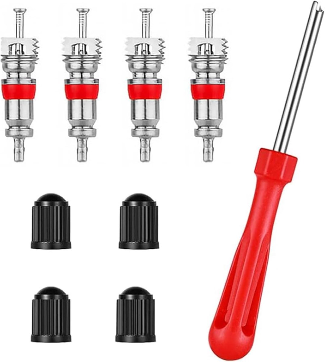 9-delige ventielkernverwijderaarset, rood dubbelkoppige bandventielgereedschap en ventielhanteerder voor auto, fiets, motor, professionele autoventielsleutel voor DIY en onderhoud