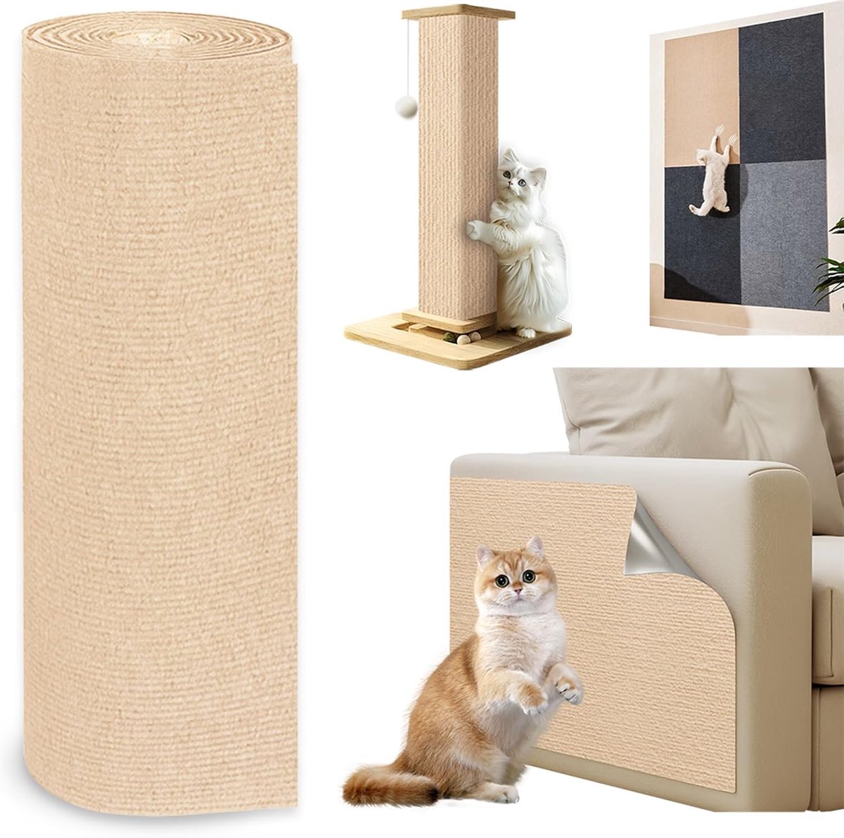 krabmat voor katten, 30 x 150 cm, doe-het-zelf krabmat voor katten, trimbare bank en kattenkrasbeschermer, voorkomt krassen op meubels, geschikt voor vloeren, banken, stoelen (kaki)