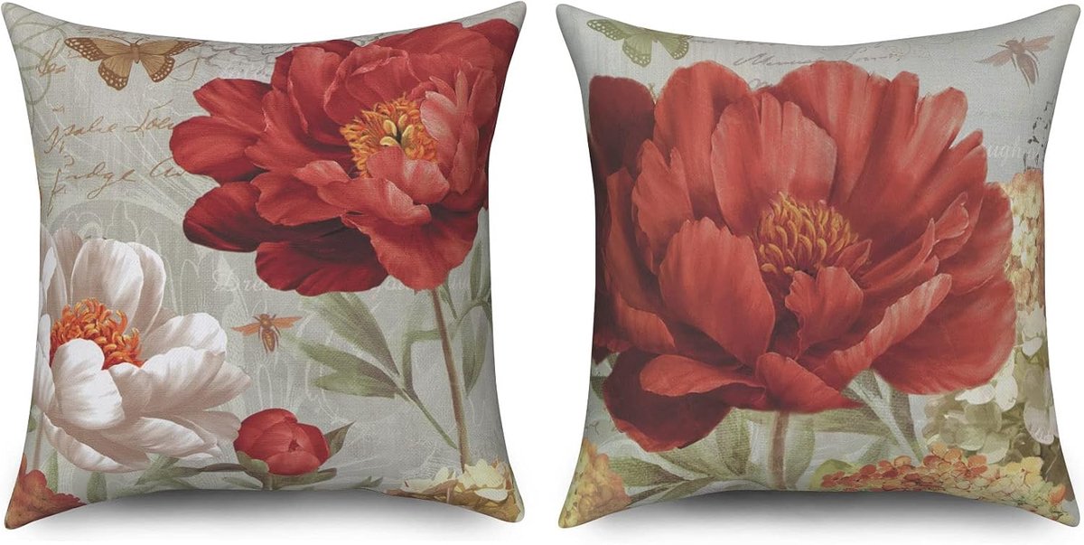 SnelShoppen - Set van 2 Bloem Kussenhoezen 40 x 40 cm, Retro Rood en Wit, Decoratieve Kussens voor Sofa, Wasbare Polyester, Geschikt voor Binnen en Bu