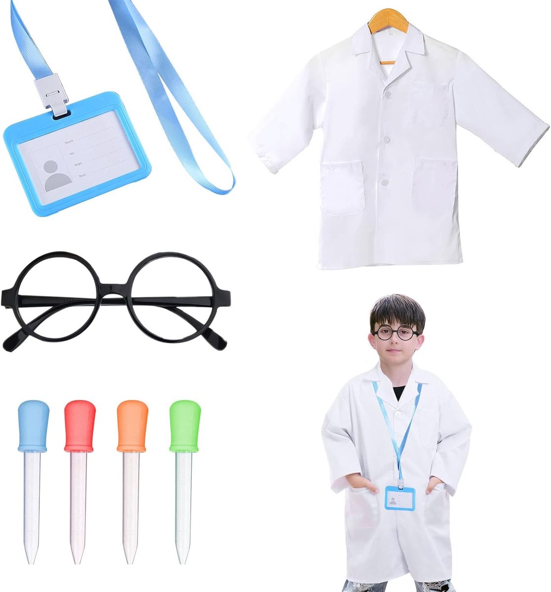Kostuumset voor kinderen, 7-delig, dokterskostuumset, laboratoriumjas