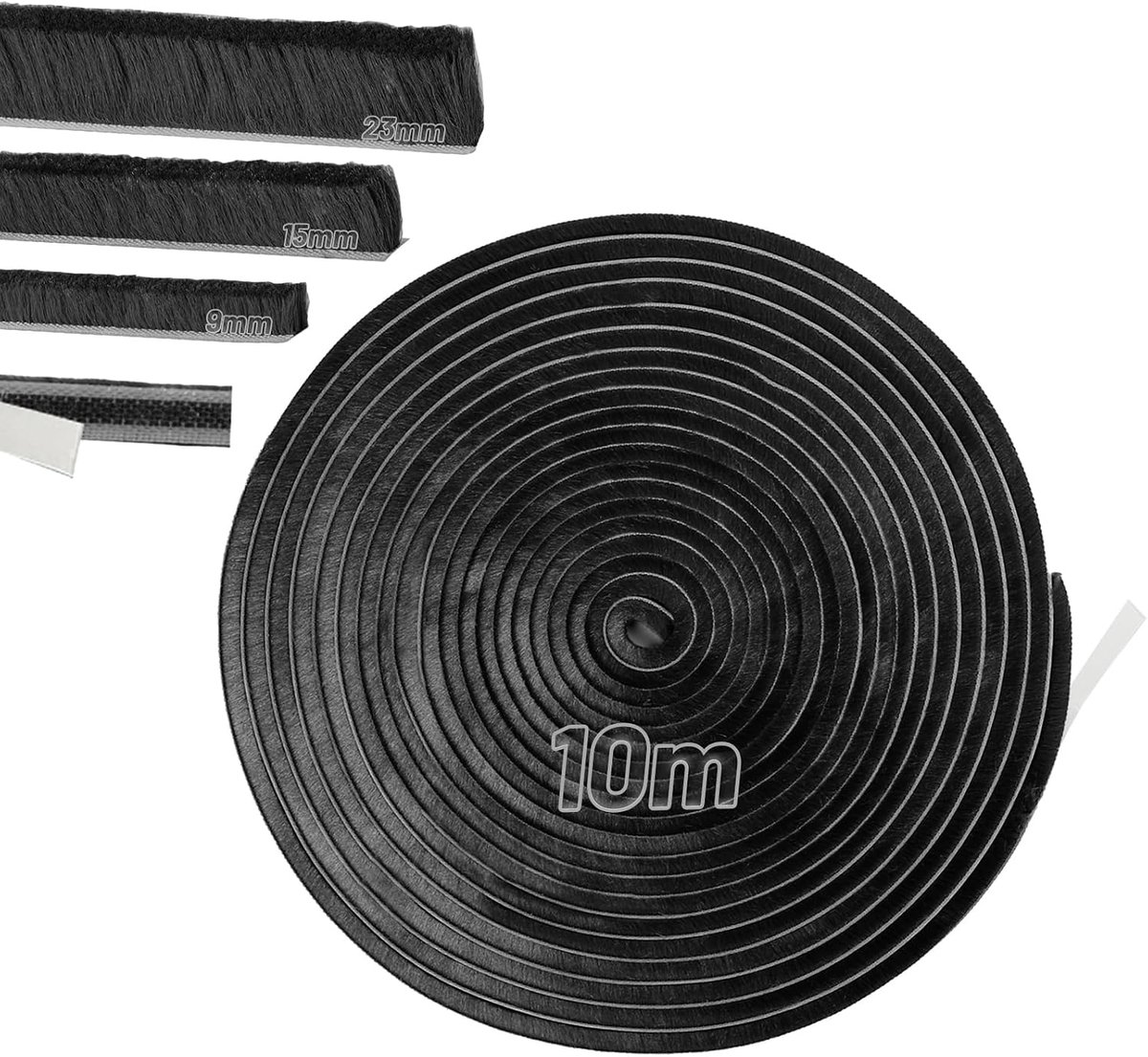 10m Borstelafdichting, zelfklevend, 9 mm (B) x 9 mm (D), zelfklevende afdichtingsborstel, zwart, deurborsteldichting, insectenbescherming, deurafdichting, borstelafdichting, rolluik voor deur