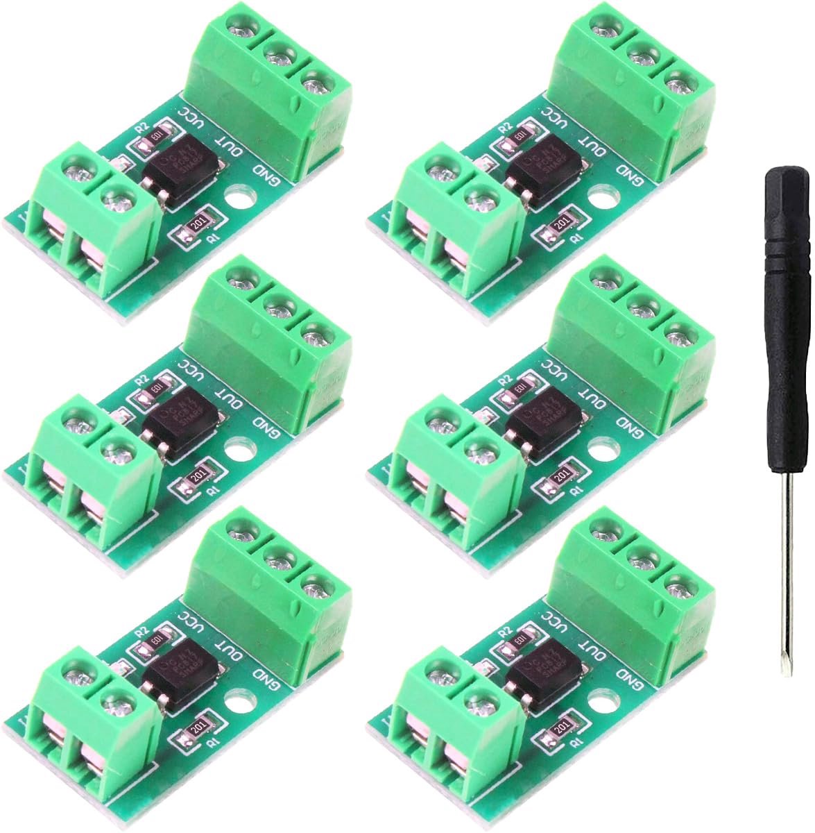 6 stuks 1-kanaals 12V optokoppeling isolatiemodule opto-isolator signaalomvormer kaart met schroefklemmen, led-indicator, hoog/laag trigger, met schroevendraaier