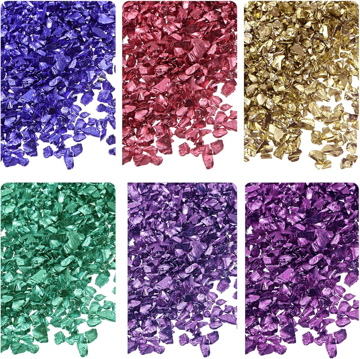 Glass Chips in 6 kleuren, 1-4 mm x 28 g, onregelmatige metallic glas-paarse kleurserie voor decoratie, knutselwerk en nagelkunst, elektrisch gecoat oppervlak