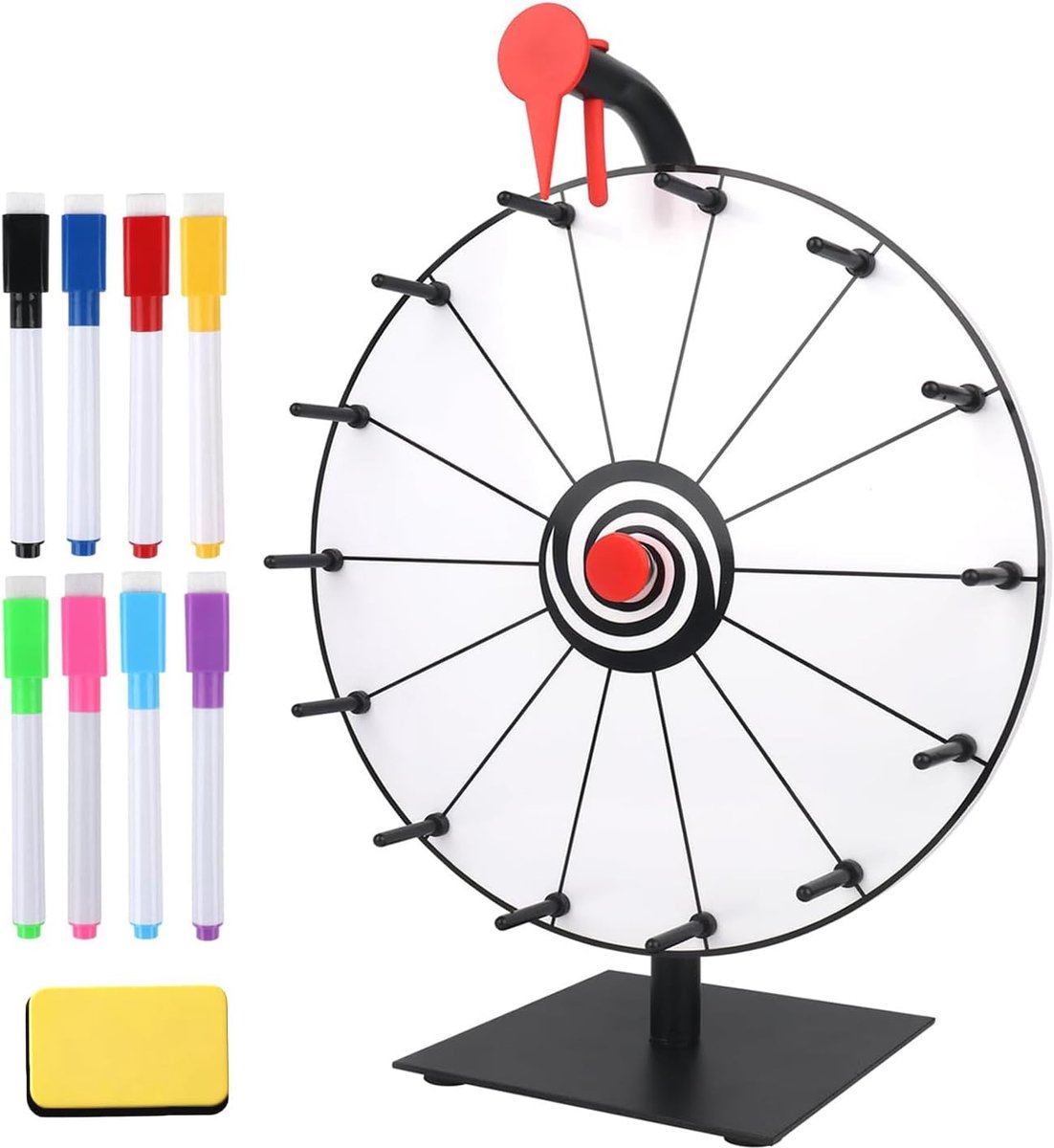 30 cm Geluksrad, Geluksrad om te draaien met droog af te vegend markeerstift en gum voor loterijspellen, woordspellen, carnavalsfeest (14 slots)